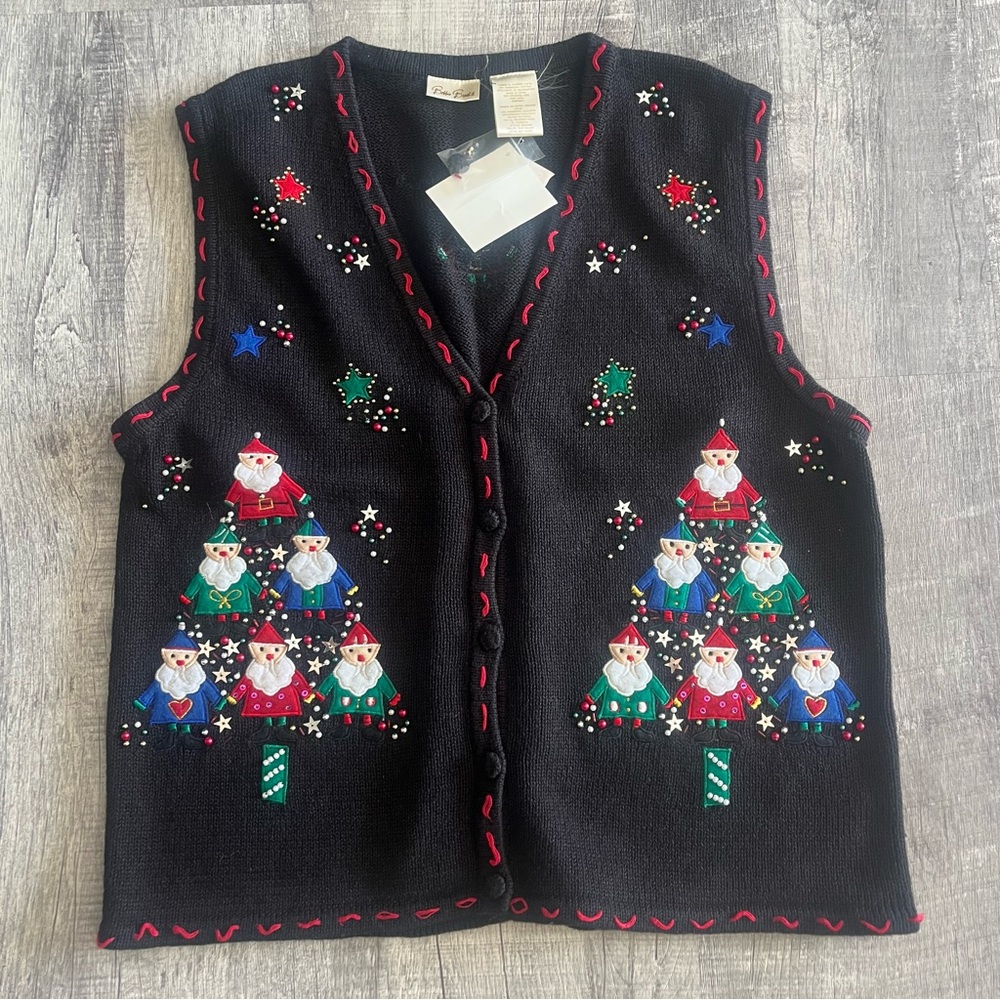 Bobbie Brooks Sweater Vest Womens Christmas Embroidered Cardigan Elfs